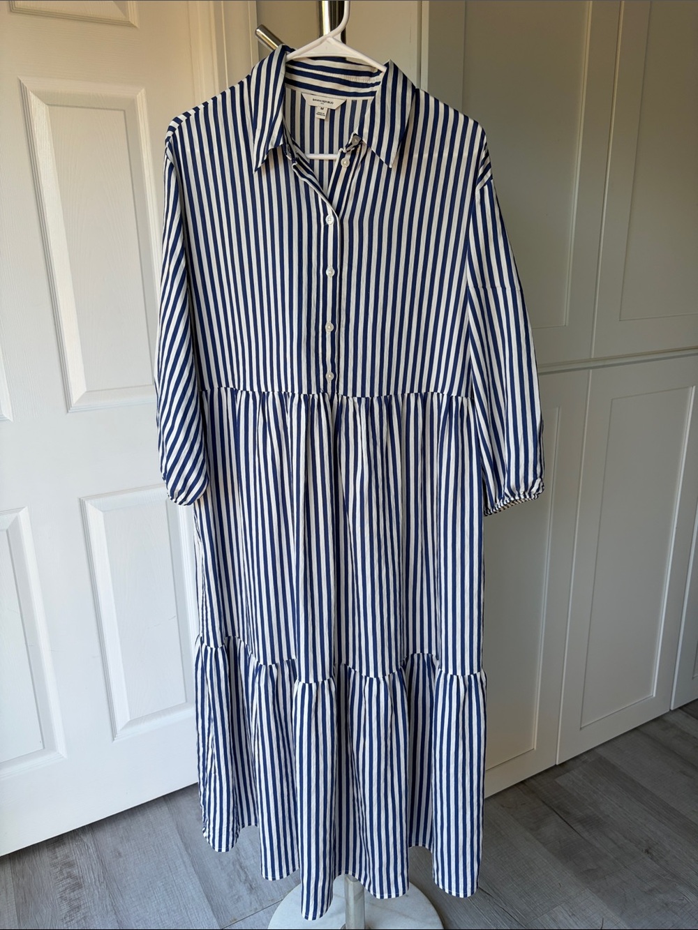Banana Republic Blue and White Vertical-Striped Tiered Maxi Dress, Size M.